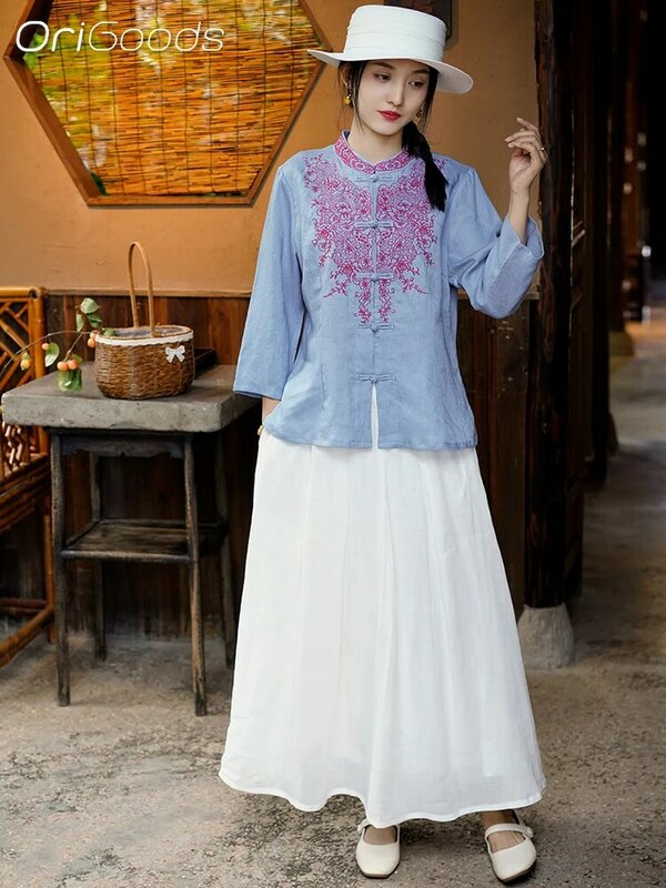 Camisa bordada de lino de estilo nacional para mujer, blusa étnica de estilo chino, novedad de verano, Q073, 100%, 2024