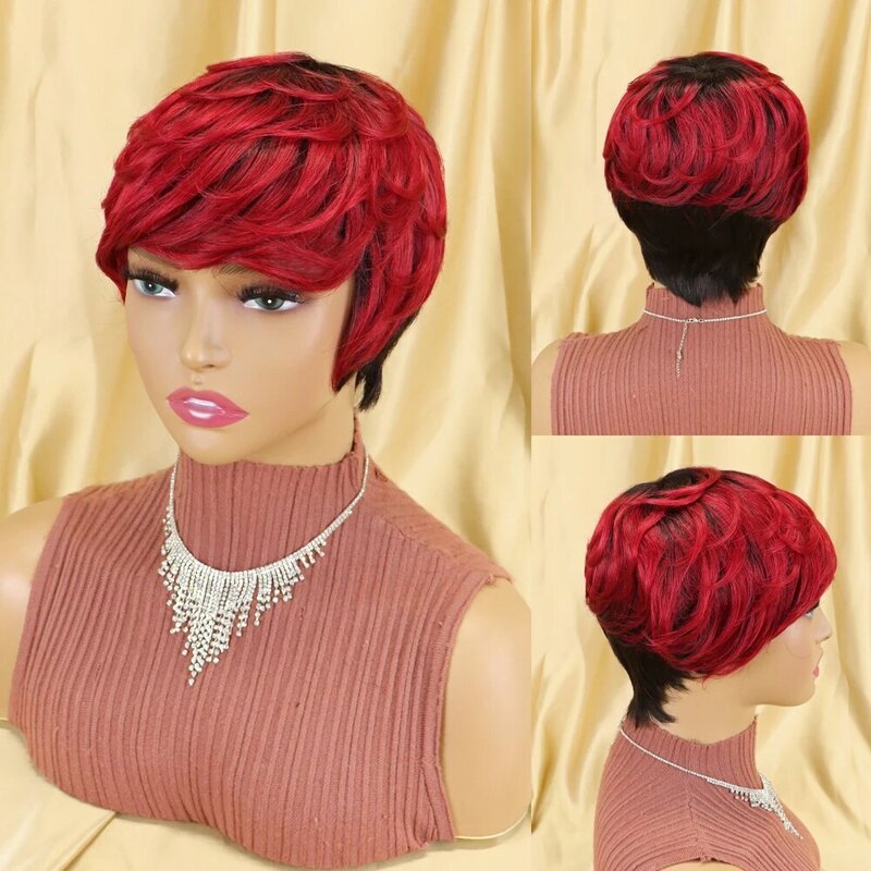 Cheap Pixie Cut Wig Short Human Hair Brazilian Straight Remy Hair Full Machine Made Wig For Black Women With Bangs Bob Cheap Wig
