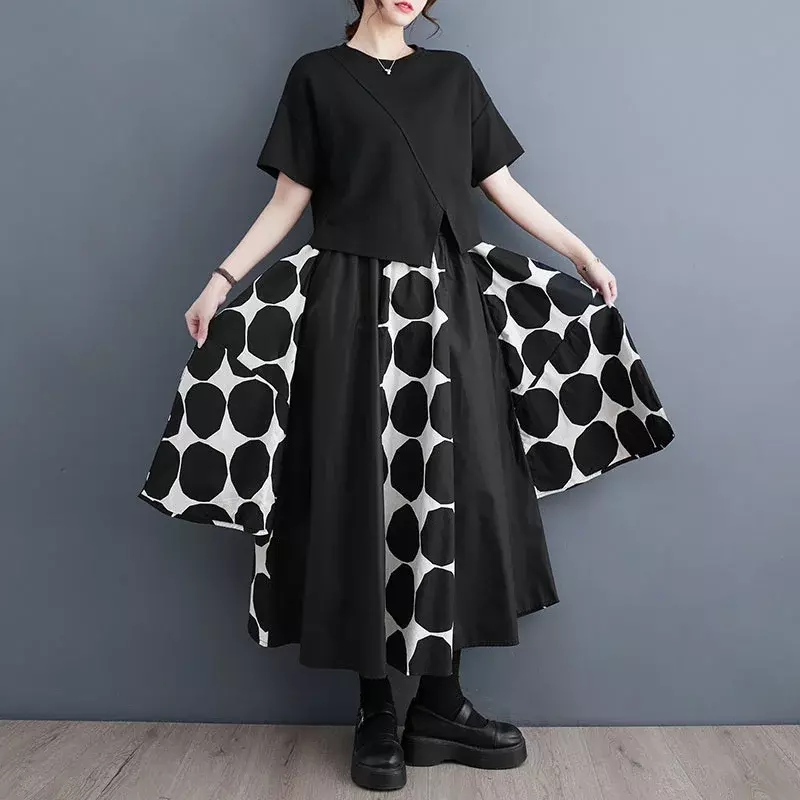 Black Polka Dot Print A-line Skirts Women Asymmetrical Vintage High Waisted Skirts Female Gothic Loose Midi Skirts Pockets