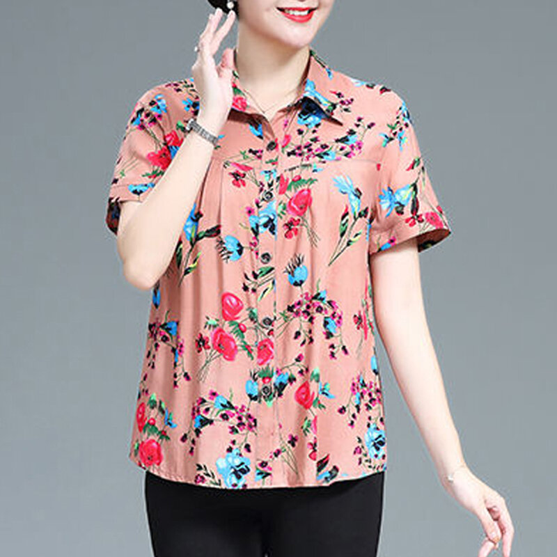 여성용 러플 빈티지 꽃무늬 프린트, 우아한 버튼업 셔츠, 라펠 반팔 블라우스, 루즈한 여성용 상의, 여름 패션