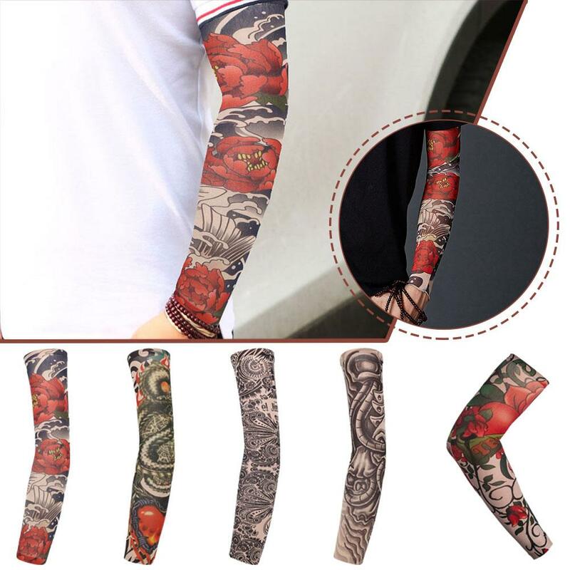 Tato lengan lengan pria tato palsu sementara lengan lengan Uv dicetak Punk Unisex keren elastis penghangat tahan K3b0