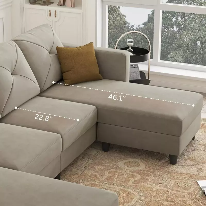 Rozkładana sofa segmentowa z podwójnymi szezlongami do salonu, aksamitna jasnoszara, kanapa w kształcie litery U, 4-osobowa sofa