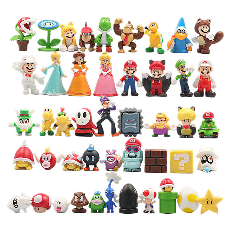 Super Mario Bros Action Figure com bolsa infantil, modelo de bonecas, Luigi, Yoshi, Donkey Kong, cogumelo, presentes de aniversário, 12 peças