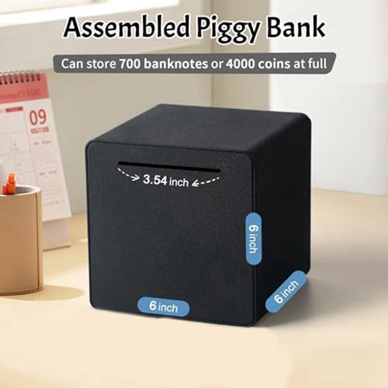 Piggy Bank preto insubstituível para adultos, apenas cofrinho de aço inoxidável, entrou e saiu, Black Piggy Bank