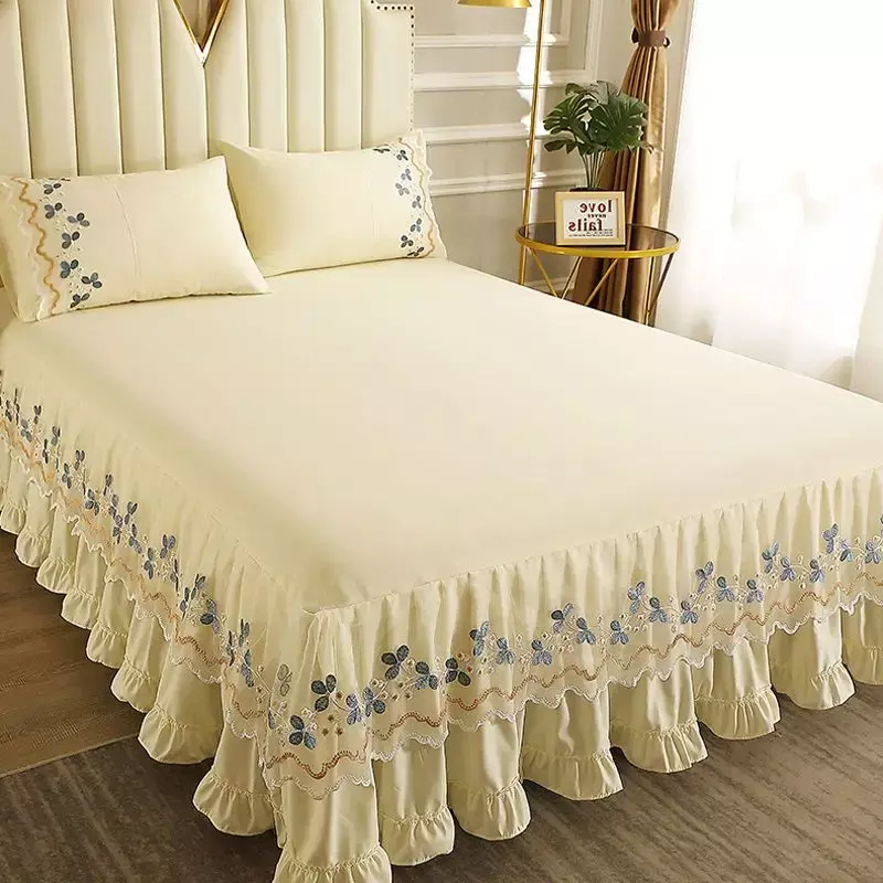 솔리드 레이스 자수 침대보 매트리스 보호 커버, 폴리에스테르 침대 스커트, 미끄럼 방지 및 방진, 주름 가장자리 침대 시트