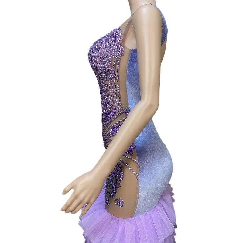 Seksowne długie świecące suknie balowe przezroczysty dekolt w kształcie litery "o" luksusowe fioletowe kryształy diamentowe cekiny syrenka czarna dziewczyna suknie na bal maturalny Ziluolan