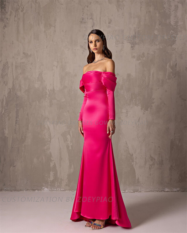 Hot Pink Mermaid Evening Dresses Off Shoulder Prom Dresses Strapless فستان حفلات الزفاف Stain Formal Occasion Dress Vestidos