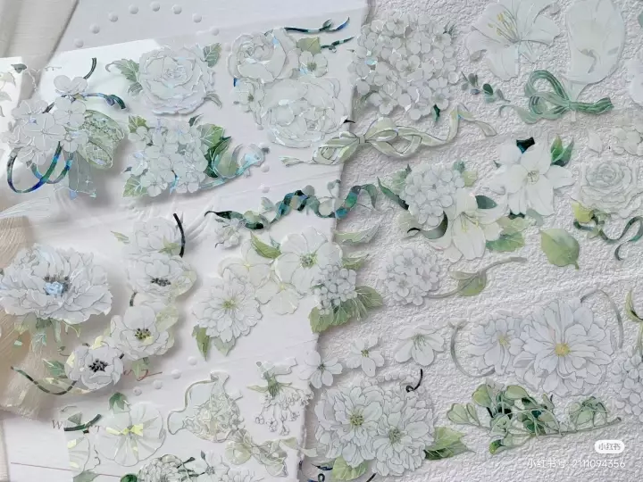 Motyw ślubny biała zielona koronkowa wstążka maskująca kwiatowy błyszczący taśma PET