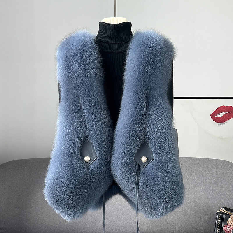 Zdfurs-정품 가죽 여우털 조끼 코트 여성용, 신제품, 2022 가을 겨울