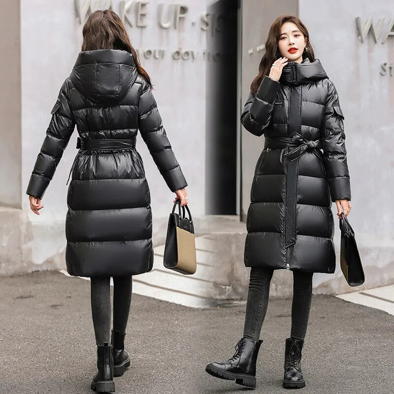 Jaqueta de algodão feminina até o joelho, casaco espesso de alta qualidade, tendência de inverno, nova, 2023