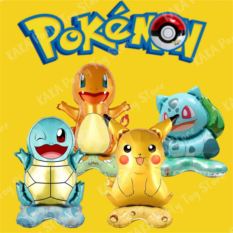 Globos de Pokémon de pie para niños, 4 piezas, figuras de Pikachu, Squirtle, Bulbasaur, suministros de decoración, regalo de fiesta de cumpleaños