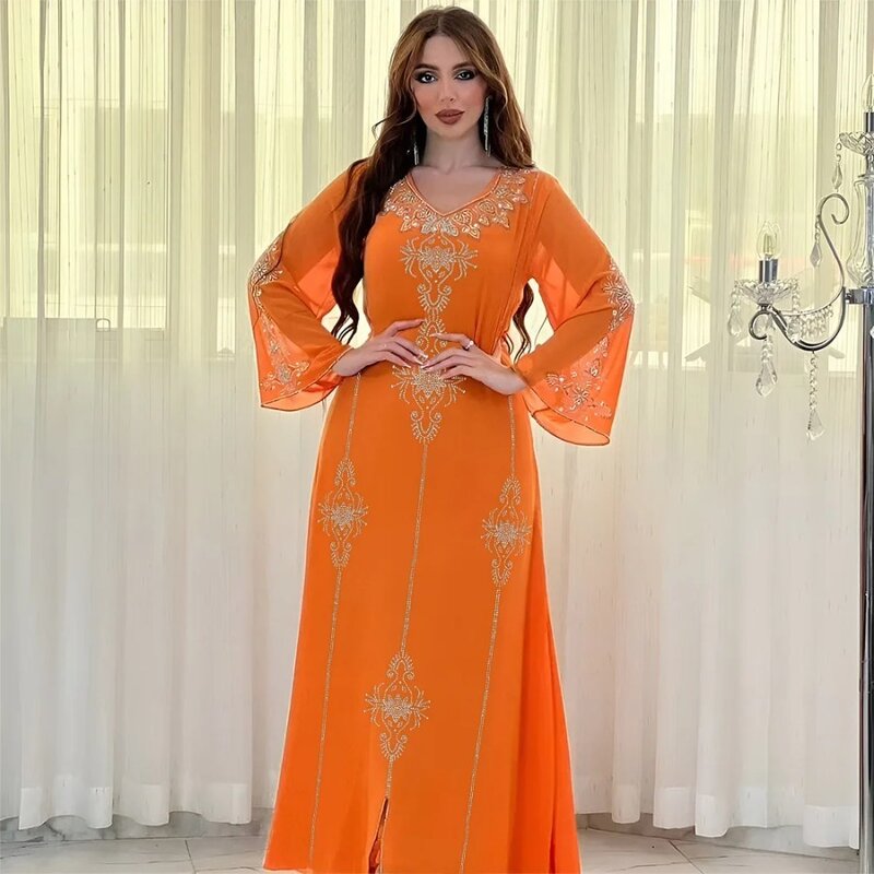 Eid Morocco Party Dress for Women Muslim Abaya Diamond Ramadan Chiffon Dubai Abayas Kaftan Robe Vestidos Turkey Robes Gown 2024