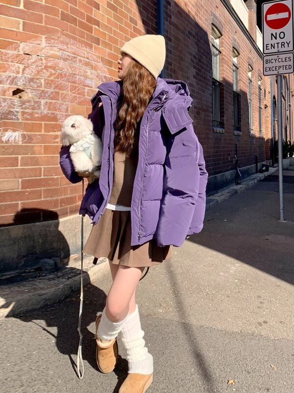 Mantel wanita empuk katun ungu tebal, mantel bertudung Musim Dingin gaya Preppy