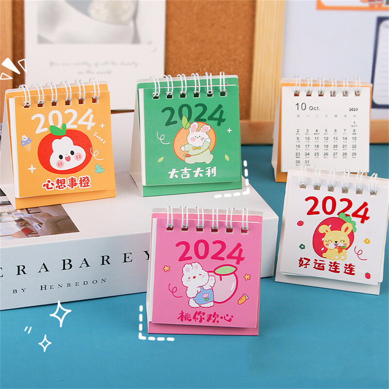 2024 Mini calendario da tavolo simpatico coniglio calendario forniture scolastiche per ufficio Kawaii Cartoon Desk Calendar Schedule Table pianificatore mensile
