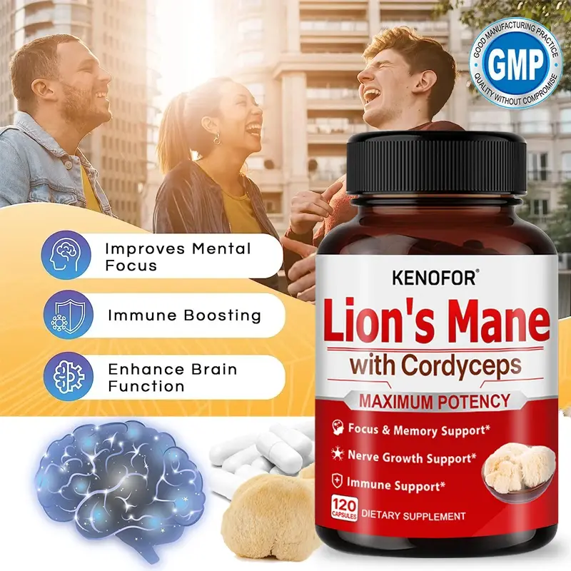 Kenofor Lion Mane Mushroom Capsule Immune System Enhancer Memory Enhancers for Brain Amnesia Protect Brain Nerves Relieve Stress