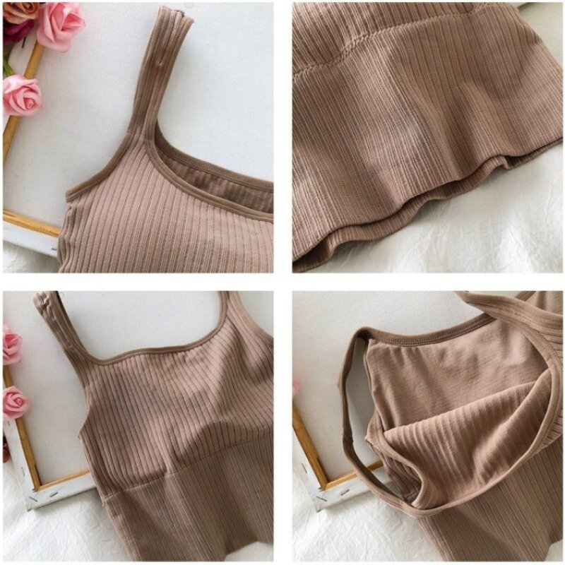 Summer Crop Top Women Seamless Square Collar Wide Straps Tank Top Knitted Striped Camisole Solid Corset Top Female
