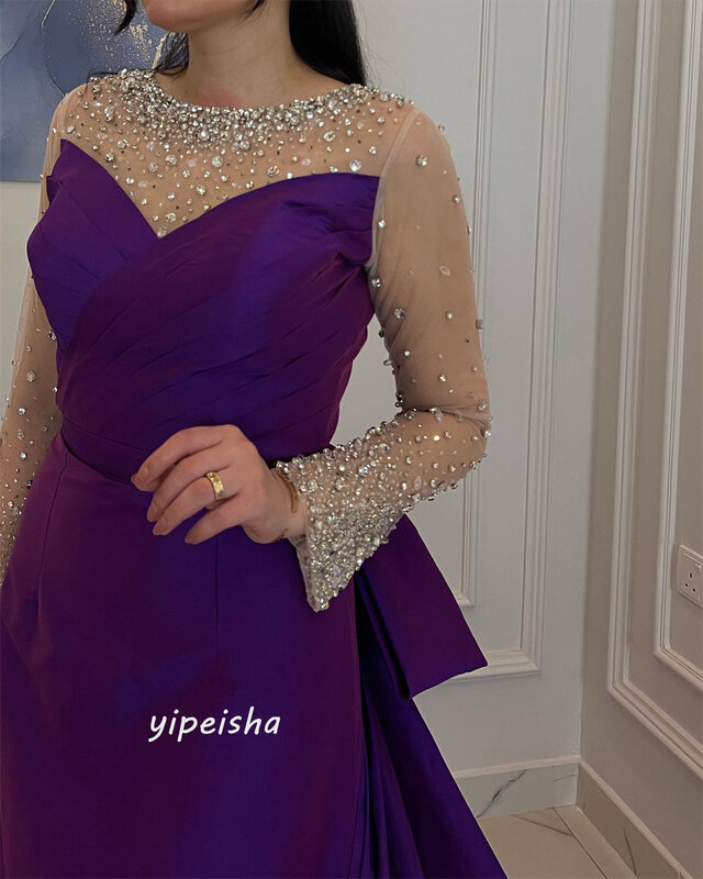 Sukienka na studniówkę Arabii Saudyjskiej sukienka na studniówkę satynowa kokarda z koralikami imprezowa, koktajlowa suknia balowa z okrągłym dekoltem na zamówienie sukienka o długości podłogi