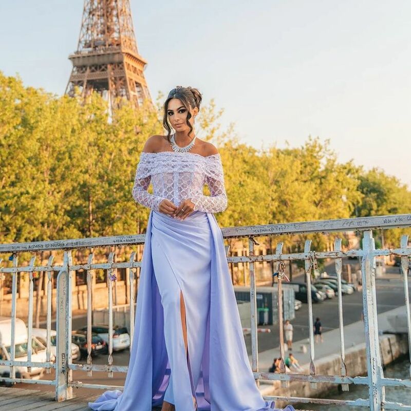 Prom Dresses with Slit Fashion Elegant Off the Shoulder Sheath Floor Length Satin Long Sleeve Formal Evening Gowns فساتين سهرة