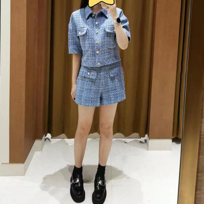2024 Spring Summer New Women Sweet Tweed Suit Turn-Down Collar Buttons Short Sleeve Tops or Zipper Shorts
