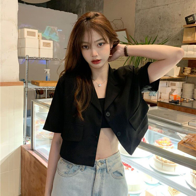 Korean Style Cropped Blazers Women 2023 Summer Thin Short Sleeves Suit Jacket Woman Solid Color Single-Breasted Outwear Coats