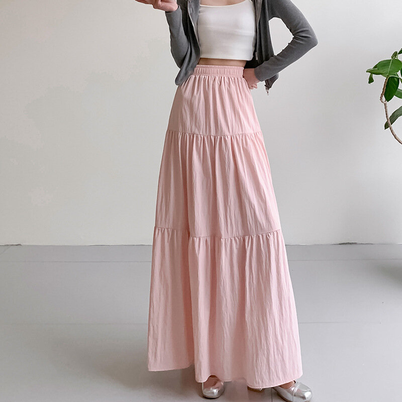 Faldas de Color sólido para mujer, falda de pastel de cintura elástica, Falda larga de línea A de cintura alta, moda