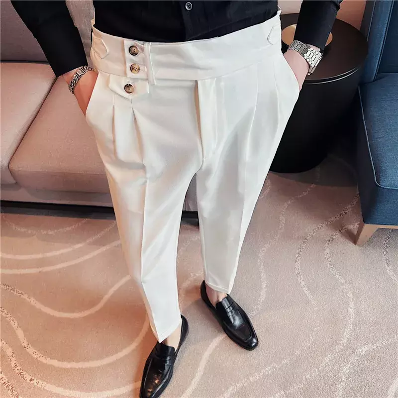 Мужские классические брюки с высокой талией в британском стиле, осень 2023, однотонные повседневные брюки, облегающие деловые Костюмные брюки, модная мужская одежда