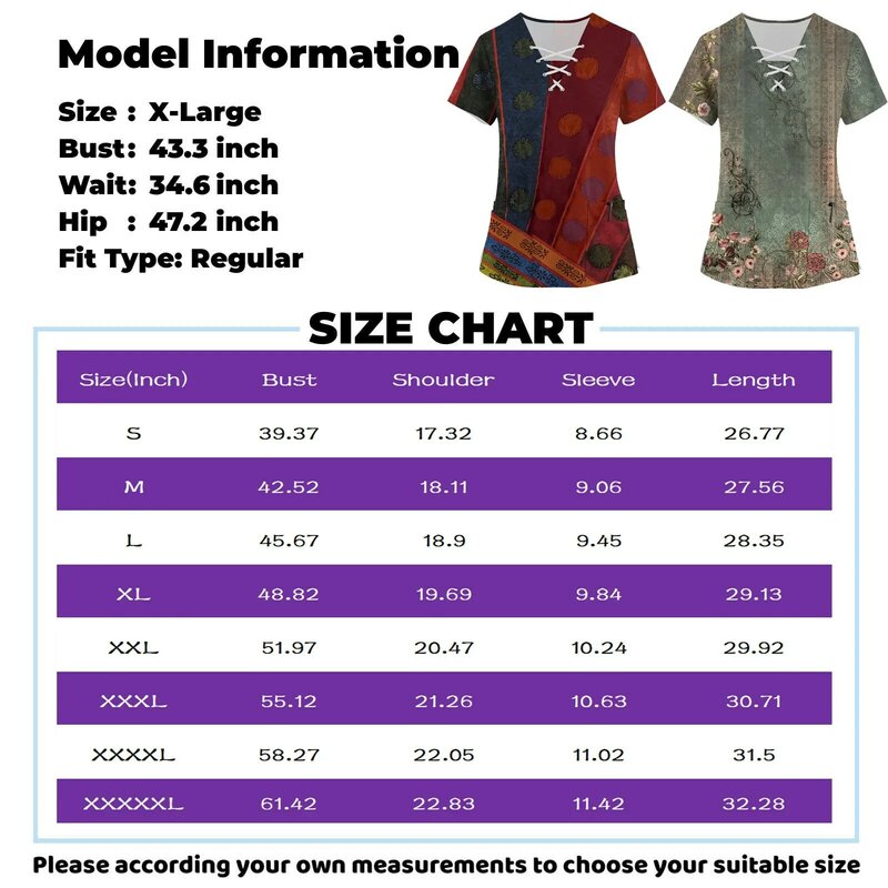 Working Uniform 2024 Summer Plus Size Printed Scrub Tops For Women'S V-Neck Short Sleeve Shirts Workwear Tee With Pockets