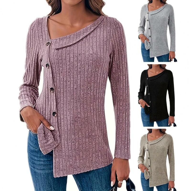 Sweater wanita, Atasan musim gugur kerah miring tidak beraturan Single-breasted kancing bawah lengan panjang rajutan warna Solid