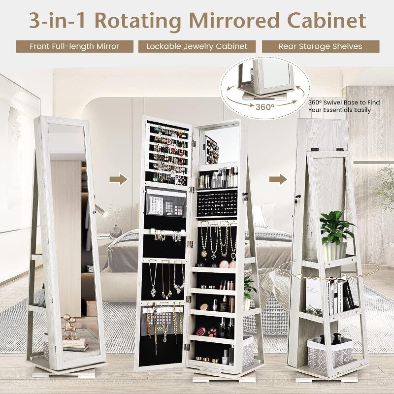 360 Rotating Jewelry Armoire Cabinet,Jewelry Organizer w/Full-Length Mirror，Large Storage Space, Lockable Mirror Jewelry Cabinet