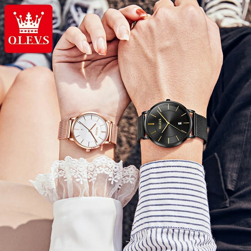 OLEVS นาฬิกาคู่คู่2023ใหม่สุดหรูแบบบางพิเศษสำหรับผู้ชายและผู้หญิงนาฬิกาควอทซ์ตาข่ายสแตนเลสพร้อมวันที่
