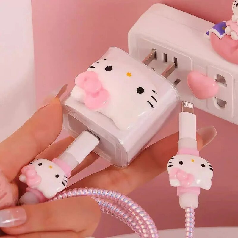 Kawaii Hello Kittys IPhone Data Cable Charger Protection Set Suitable 18/20w Charger Cute Cartoon Anti Break Rope Girl Gifts
