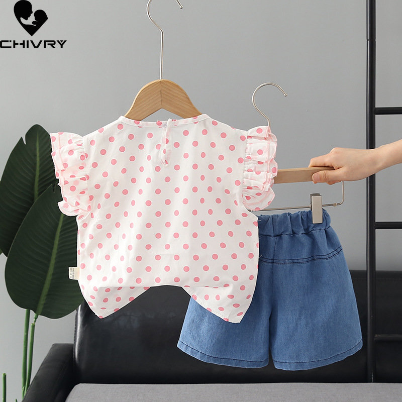 Girls Summer Clothing Suit New 2023 Baby Girl Sweet Dot Print Round Neck Ruffles T-shirt Tops with Denim Shorts Clothes Sets
