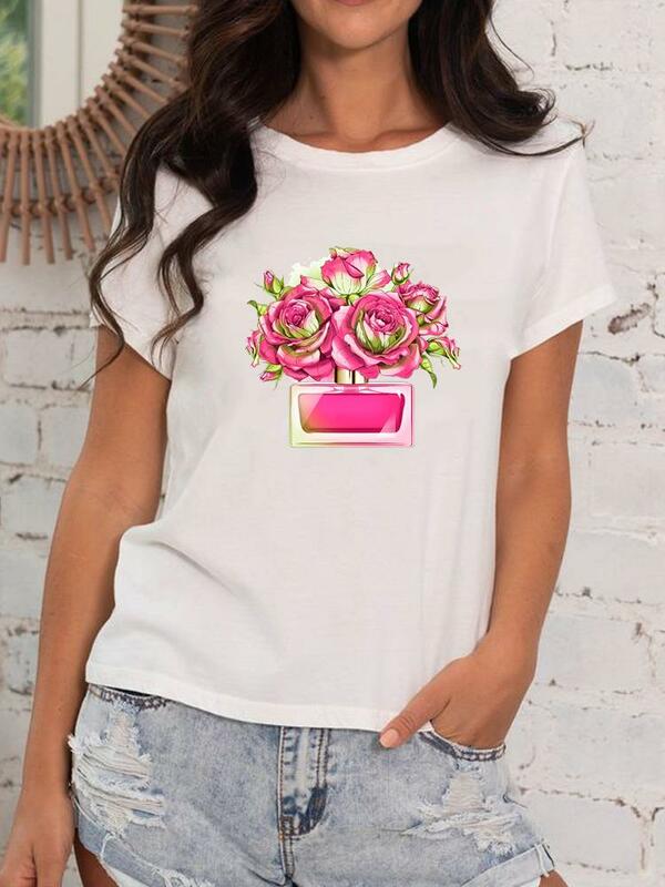 Camisetas estampadas de manga corta para mujer, ropa informal con estampado de flores de los años 90