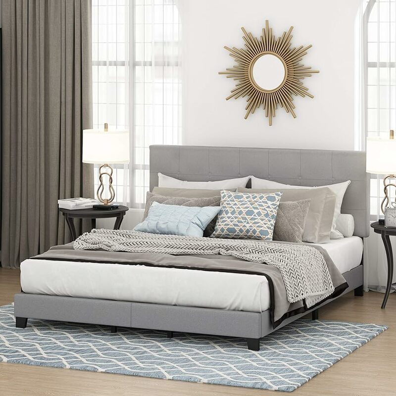 Furinno Laval guzik Tufted tapicerowana rama łóżko z pełnymi bokami, kalifornia King, lodowiec