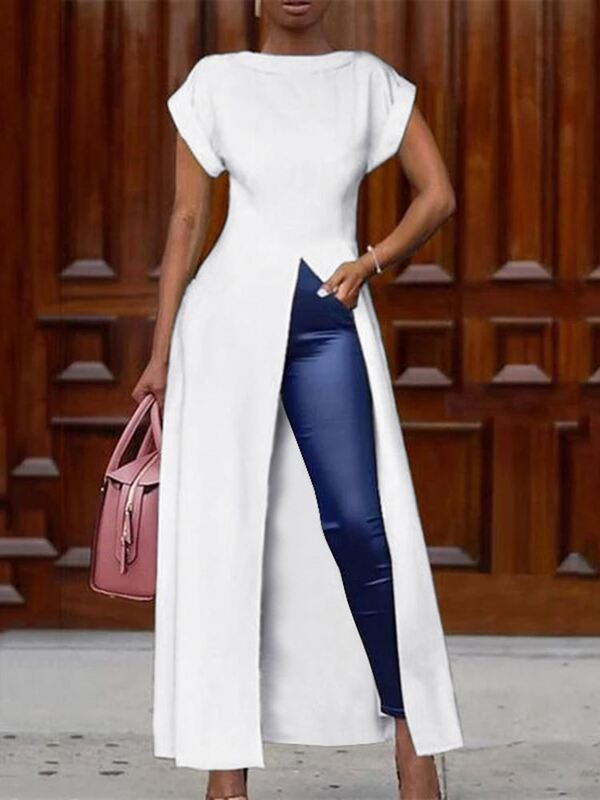 Модная летняя Длинная блузка VONDA 2024, асимметричная Женская туника с разрезом, однотонная Повседневная элегантная женская блузка с коротким рукавом