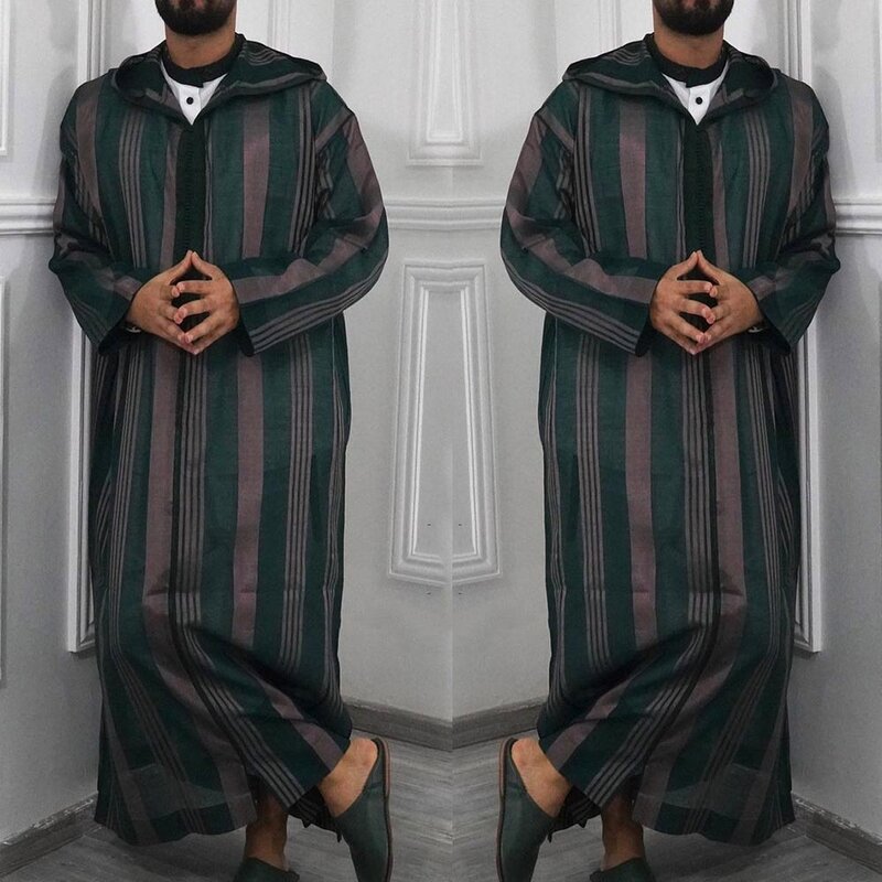 Manga comprida masculina com capuz Jubba Kaftan Robe, Dubai Clothes, Patchwork muçulmano, roupa listrada árabe saudita