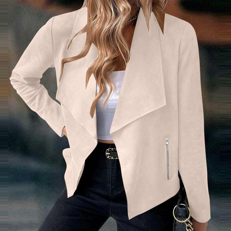 Long-sleeved Women Jacket Vintage Faux Suede Women's Jacket with Zipper Pockets Lapel Smooth Windproof Lady Coat for Fall Winter