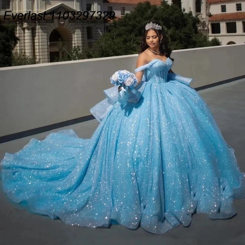 EVLAST-Vestido de Baile Quinceanera Azul Brilhante, 3D Lace Applique Beading com Espartilho Arco, Doce 16 Vestido de Festa, TQD751