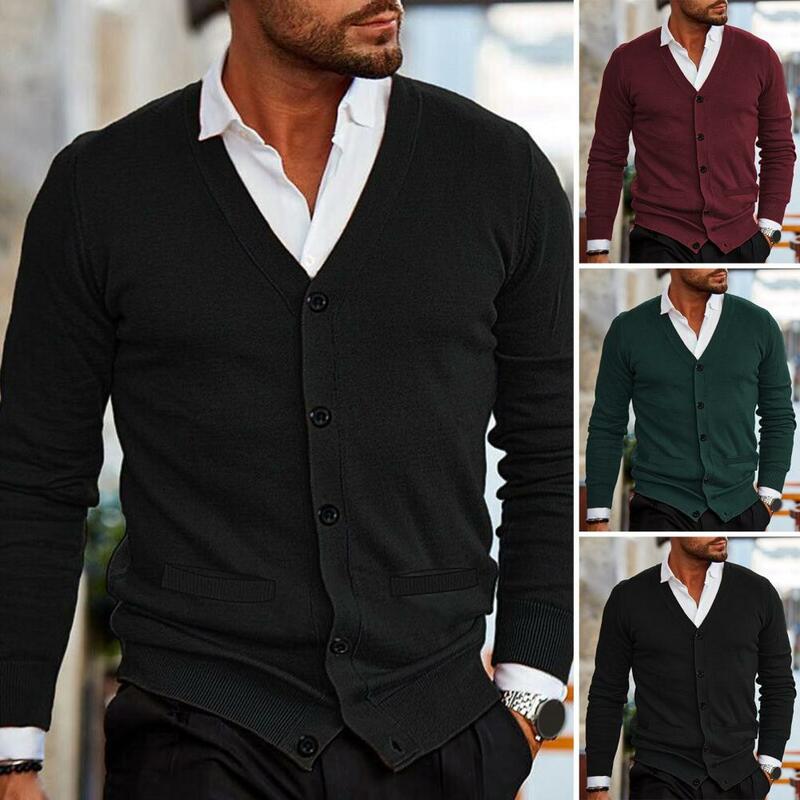 Suéter de manga larga con cuello en V para hombre, cárdigan ajustado, abrigo de punto suave con botones, informal, cálido y elegante