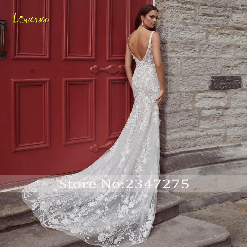 Женское свадебное платье с юбкой годе Loverxu, элегантное кружевное платье без рукавов с фестонами и вышивкой, 2024