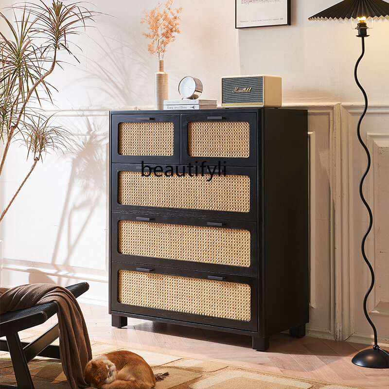 Nordic Solid Wood Storage Cabinet Simple Modern Rattan Sideboard Cabinet B & B Home Entrance Cabinet