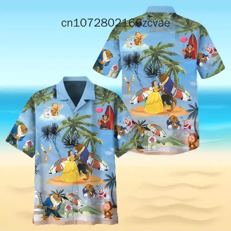 Disney Beauty and Beast Camisa havaiana, camisa de manga curta masculina e feminina, camisa retrô casual infantil, moda, novo, 2024