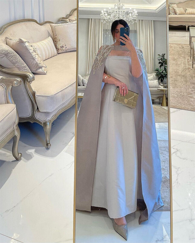 Gaun Prom Arab Saudi gaun malam manik-manik bulu terbungkus Prom A-line tanpa tali gaun acara Bespoke gaun panjang