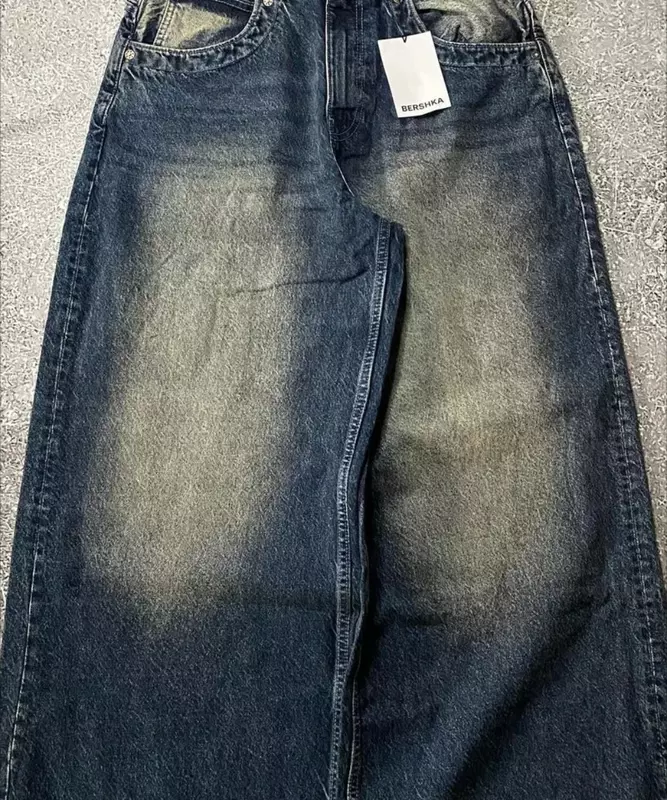 Pantaloni in Denim ricamato con lettera tascabile Hip-Hop di nuova moda per uomo Y2K Jeans dritti a vita alta semplici da strada allentati classici