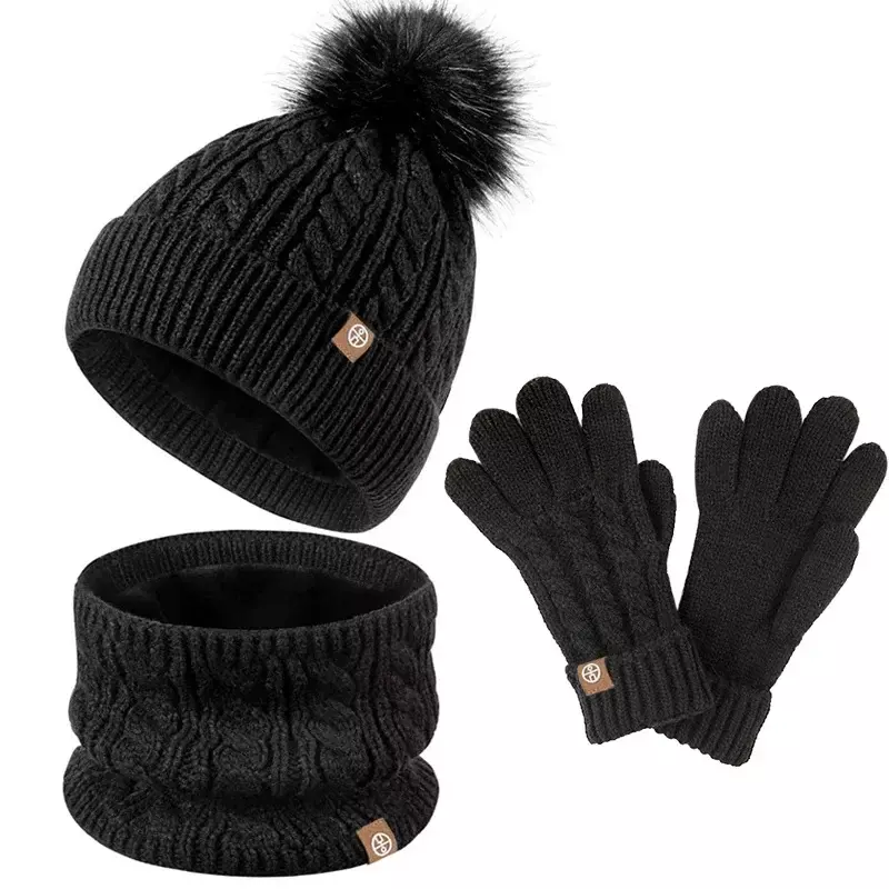 3 stücke Winter mütze Sets für Kinder Mützen Snood Handschuhe Kinder Gilr Boy Winter mütze dicken Plüsch Futter niedlichen Pompon