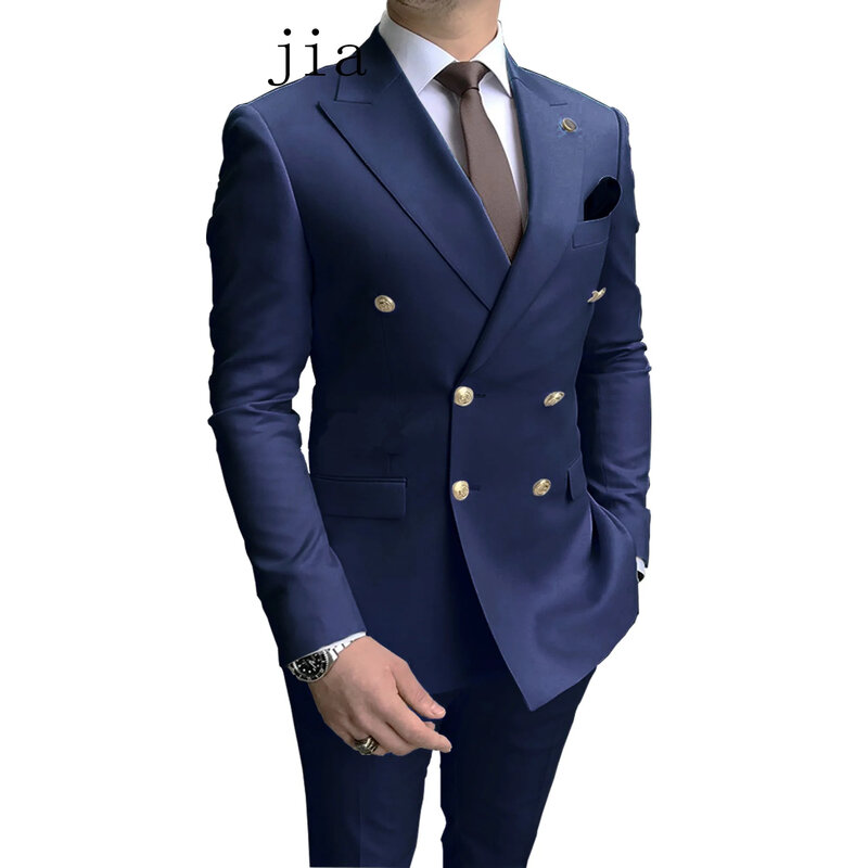 Мужские повседневные Костюмы 2023 небесно-голубого цвета, блейзеры с двумя пиковыми лацканами и золотыми пуговицами, лучший комплект из 2 предметов, пиджак и брюки