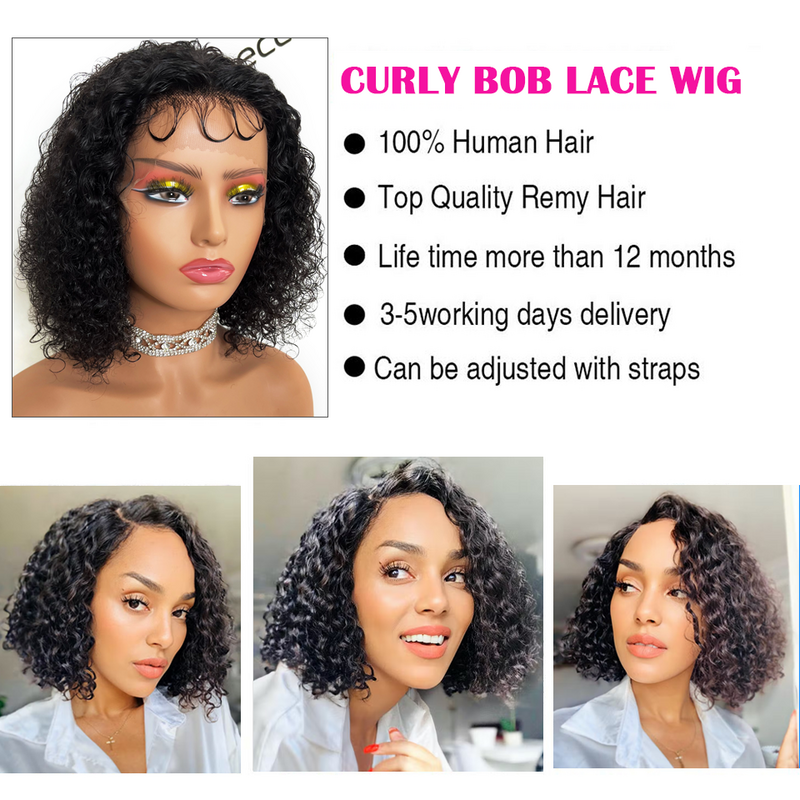 Rambut Manusia Keriting Potongan Pixie Sorot Wig Rambut Depan Renda Tanpa Lem Berombak Dalam Pendek Belakang Licin Wig Garis Rambut Belum Ditanami untuk Wanita