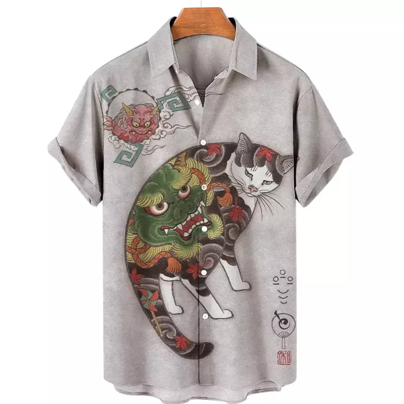 男性用サムライキャットパターンプリント半袖シャツ、カジュアルで快適なトップ、ラペルボタンダウンシャツ、日本製