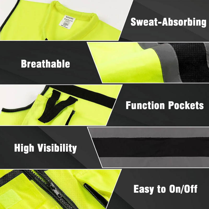 Chaleco de seguridad reflectante con logotipo personalizado, chaleco de construcción con bolsillos y cremallera, ropa de trabajo de dos tonos con reflectante