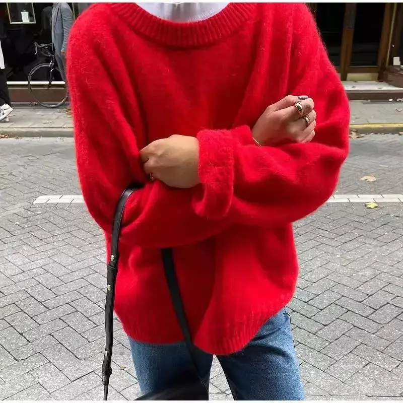O-넥 솔리드 풀오버 긴팔 구김 퀼트 스플라이스 스웨터, 부드럽고 아늑한 따뜻한 하이 스트리트 점퍼, 2023 가을 겨울 패션
